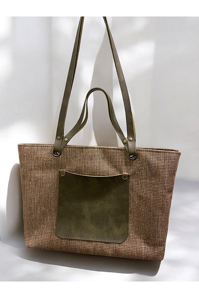 Nuggita Khaki Vintage Leather Detailed Brown Woven Shoulder Bag