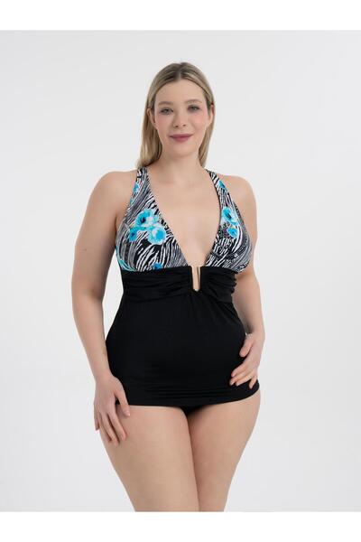 AQUAVİVA Aquaviva Women's Black Blue Rose Pattern Large Size Gathering Buckle Detailed Tankini