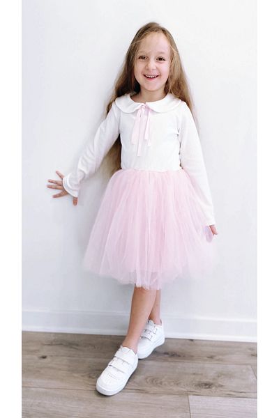 Şirin Şeyler Butiği Perla Rochie Tutu Pufoasă Prințesă Fete Mânecă Lungă Guler Bebe Lycra Elastic Roz Alb