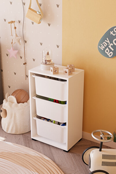 OBİ Atölye 3 Büyük Sepetli Oyuncak Dolabı Çok Amaçlı Dolap - Beyaz