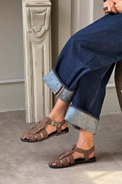 NİŞANTAŞI SHOES Dámské sandály Ramona Brown Straw Weave Detail zadního pásku s plochou podrážkou