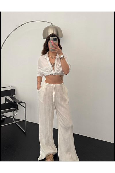 Bak'ap Premium Seersucker Linen Summer Loose Wide Leg Lace up Trousers