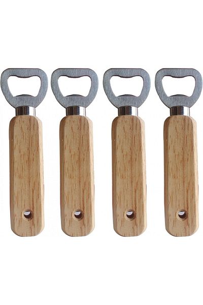 YYST Set of 4 Yyst bottle openers, wood/metal, natural/silver, 14 x 4 cm