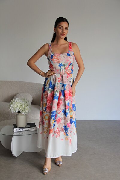 Julidress Λευκό πλισέ λουράκι με λουλουδάτο μοτίβο με ζώνη με επένδυση Midi μήκους Premium Design Σατέν Φόρεμα