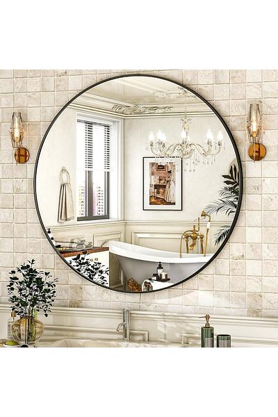 Generic Elegant round wall mirror with black frame, size 100 cm