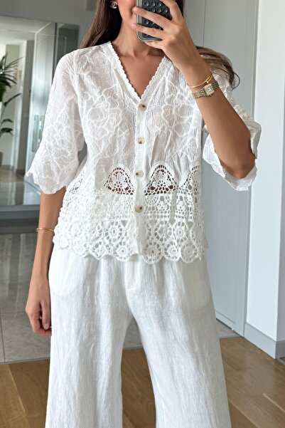 Suziş LKADIN 100% ΒΑΜΒΑΚΙ ΜΠΛΟΥΖΑ ΜΕ ΔΑΝΤΕΛΑ ΚΑΙ ΚΕΝΤΗΜΑΤΑ M38405