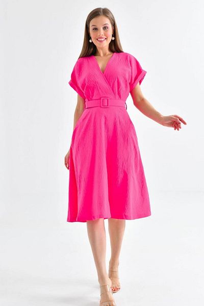 ZISHAN Double Breasted Collar Short Sleeve Belt Detail Women's Summer Dress 135