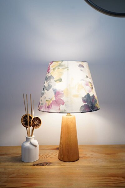 retro home design Ahşap Ayaklı Mor Çiçekli Baskılı Model Abajur Yatak Odası Salon
