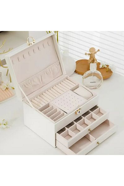manoir store Elegant Multi-Layer Faux Leather Velvet Lining Jewelry Box with Lock Detail with Key