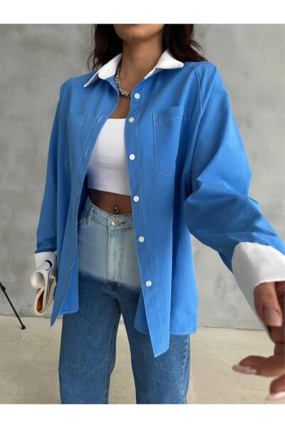 JANES Сорочка з білими рукавами та манжетами, з деталями на комірі - Синя