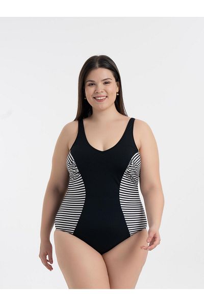 AQUAVİVA Aquaviva Women's Black Thin Striped Large Size Edna V-Neck Gathering Swimsuit