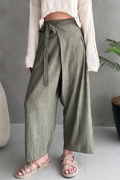 bacc Women's Khaki Tied Wrap Cut Loose Linen Woven Trousers