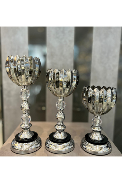 Hediye Köşkü Lüks Cam Metal Gövdeli 3lü Gümüş Şamdan