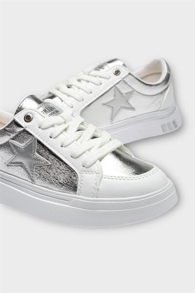 Liger Pantofi sport sport casual, cu detaliu stea pentru femei, ALB - ARGINTIU