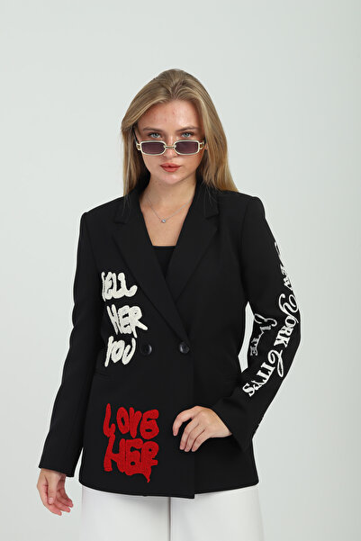 Milamia سترة نسائية سوداء مطرزة بأزرار مزدوجة