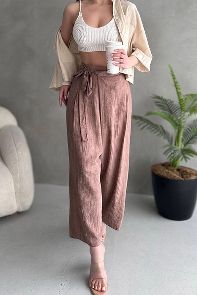 bacc Women's Powder Tie Wrap Cut Loose Linen Woven Trousers Bcdf- 251108