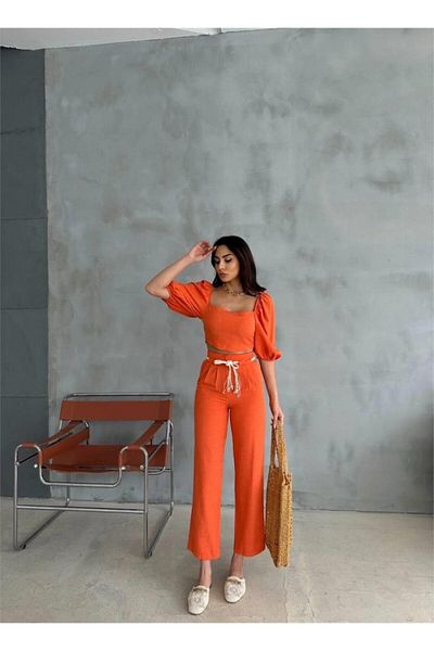 gelirr Linen Crop Watermelon Sleeve Bluz-Pants with Straw Belt - Orange
