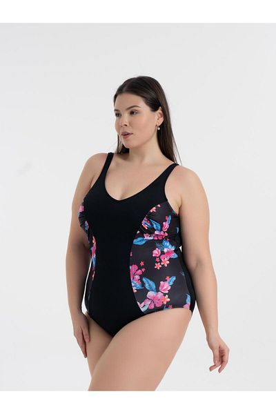 AQUAVİVA Aquaviva Women's Black Floral Pattern Plus Size Edna V Neck Gathering Swimsuit