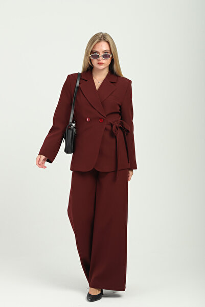 Milamia بدلة نسائية ذات زر مزدوج وربطة جانبية مزدوجة الصدر باللون العنابي