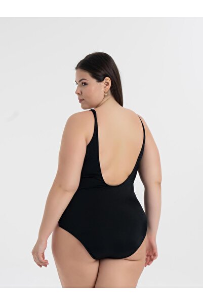 AQUAVİVA Aquaviva Women's Black Floral Pattern Plus Size Edna V Neck Gathering Swimsuit