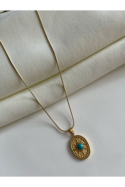 Nilsu Jewellery Accessory Çelik Mavi Taşlı Vintage Madalyon Kolye