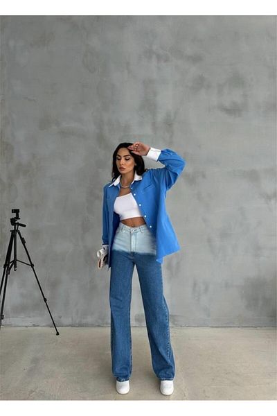MODAVERA Sleeve and Cuff White Closed Pleat Detail Shirt - Blue