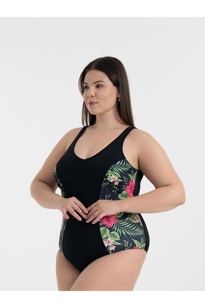 AQUAVİVA Aquaviva Women's Black Violet Pattern Large Size Edna V-Neck Gathering Swimsuit