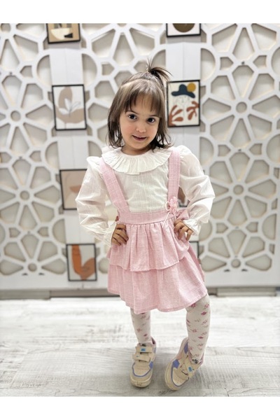 KUMRUNUN DÜNYASI Kız Çocuk Gömlekli Bebe Yakalı Salopet Elbise