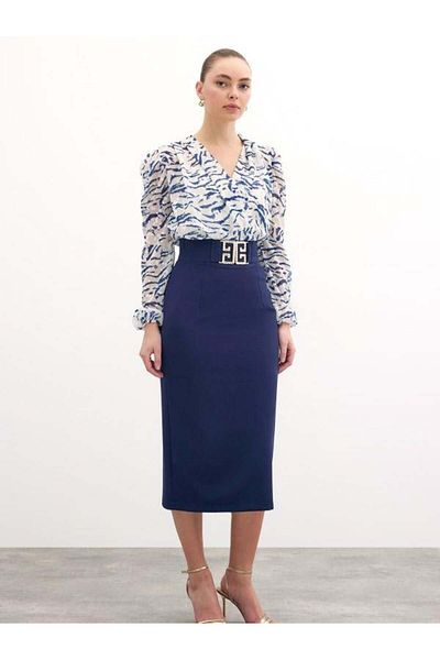Sateen 4505 Πόρπη Λεπτομερής Pencil Φούστα Navy Blue