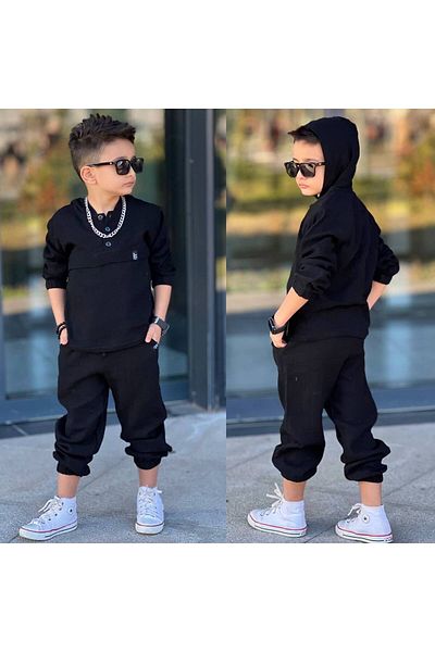sinmm Boy's Black Color Hooded Muslin Fabric Top-Bottom Set