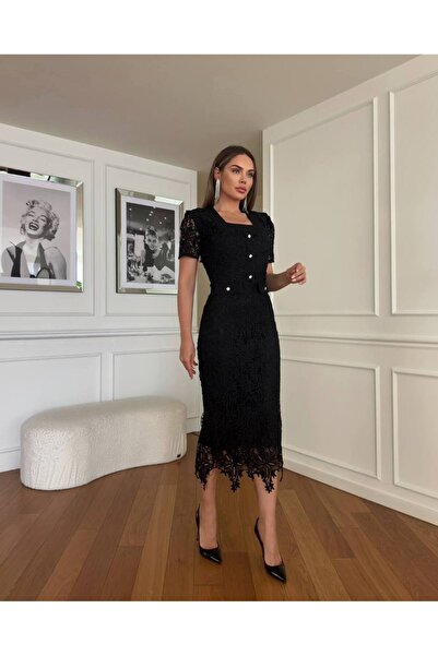 NSHIQ Kadın Dantel Kumaş Kare Yaka Astarlı Şık Elbise