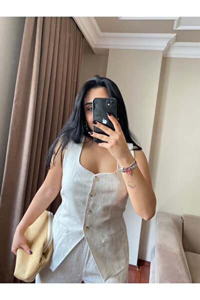 MODA Women's Square Neck Tie Waist Vest Pants Stone Color Two Piece Set