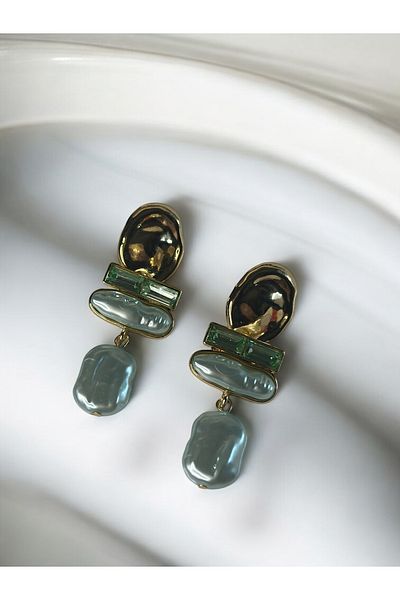 Arz Jewelry Baroque Pearl Dangle Green Gold Color Baguette Stone Women's Earrings
