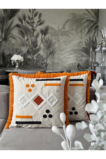 Skhome Bohemian Punch Embroidered Fringed Throw Pillow Cover 43X43 cm