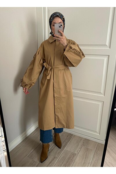 Hooopstore Pelerin Detaylı Bağcıklı Balon Kol Camel Trençkot