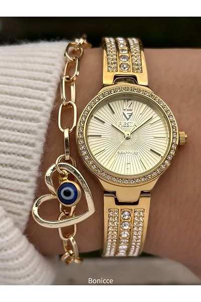 Fiesta Gold Yellow Steel Cord Rhinestone Wristwatch Bracelet for Bride, Engagement, Wedding