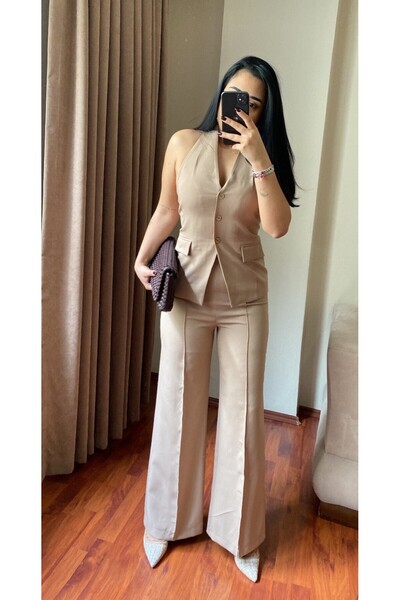 MODA Women's Halter Vest and Fabric Pants Tan Set