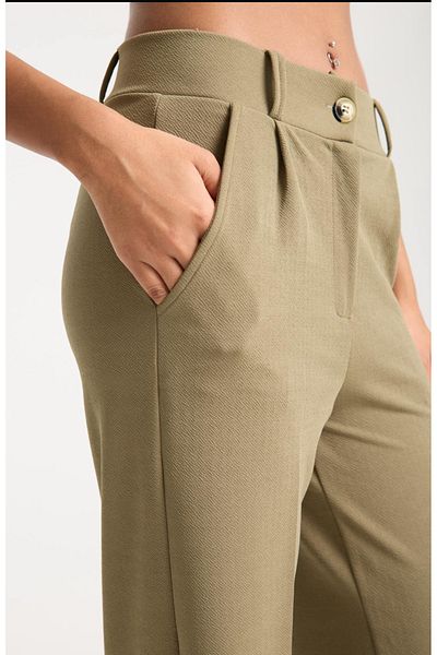 ZERTEX Women's Khaki Double Pocket Lycra Belt Elastic Detailed Zippered High Waist Crepe Style Trousers.