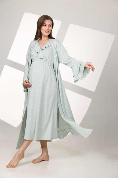 Hamile Tekstil Melanj Fırfırlı Kruvaze Lohusa Gecelik Sabahlık Takımı