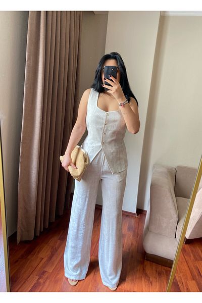 MODA Women's Square Neck Tie Waist Vest Pants Stone Color Two Piece Set
