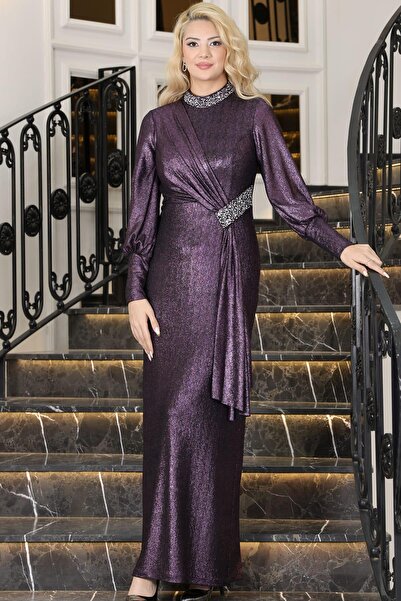 Esilanur Açelya Sarkaçlı Taşlı Tesettür Abiye Mor