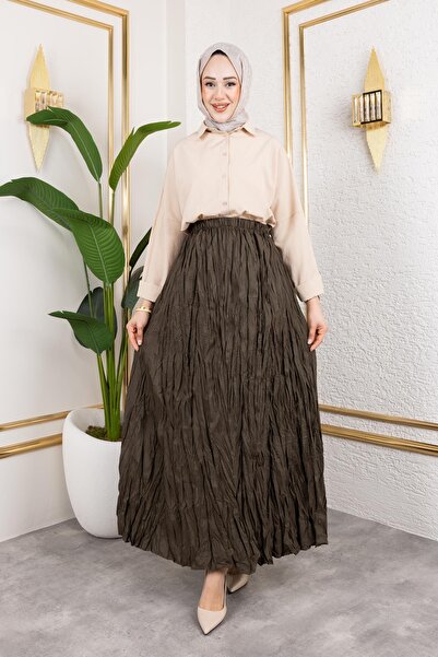 Moda Ebva Beli Lastikli Kraş Etek-2040 Haki yeşili