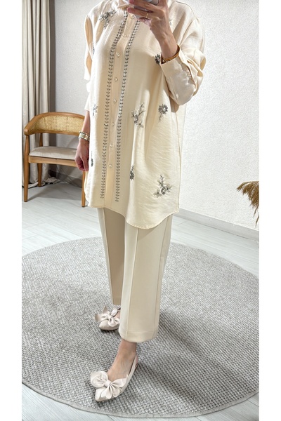 Nu Ku Collection El  İşlemeli Premium Gömlek-Bej