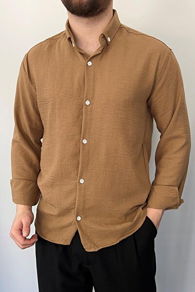 VİP LOKAL Taba Slim Fit Dar Kesim Düğmeli Yaka Dokulu Keten Gömlek