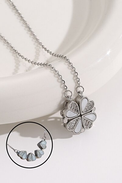 Lynare 316L Paslanmaz Çelik Açılabilir Zirkon Taşlı  Sedefli Yonca Kalp Şans ...