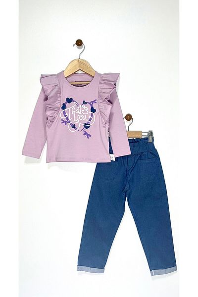 Kocaman Bebe Girl's Trouser Suit with Heart Ruffle Detail