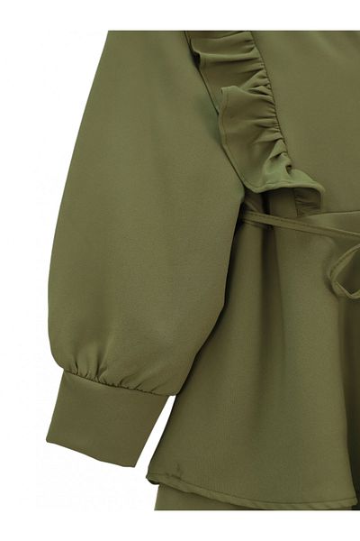 Modamorfo Ruffled Lace-Up Skirt with Front and Tiered Pants Kimono Set - Khaki