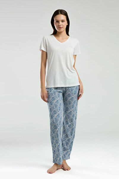 Arnetta Women's V Neck Short Sleeve Long Pantalon Pajamas Set