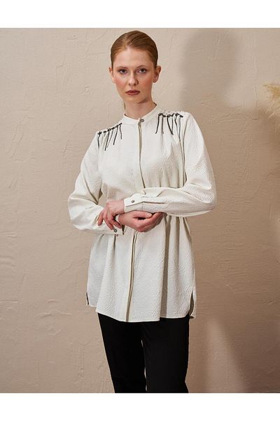 Kayra Waist Shirred Seersucker Ecru Tunic
