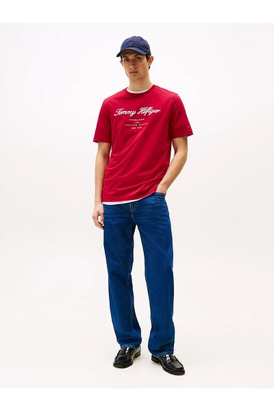 Tommy Hilfiger Men's Regular Fit Printed Round Neck Cotton Short Sleeve Red T-Shirt Mw0Mw33691-Xld